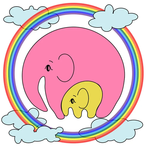 Elephant with an elephant on the clouds, on the rainbow. The concept of motherhood, caring, love, peace, tenderness. — Stock Vector