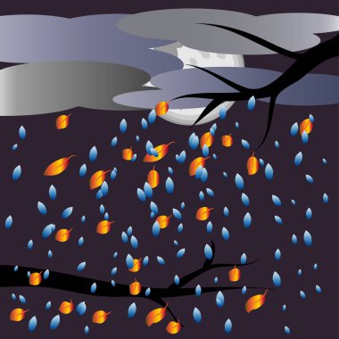 Sonbahar manzara: uçan ile bir ağacın yaprakları, bulutlar, yağmur ile kaplı gökyüzü