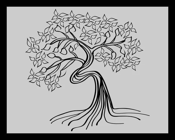 Silueta negra de un árbol caducifolio curvado en un marco sobre un fondo gris. Bosquejo, minimalismo — Vector de stock