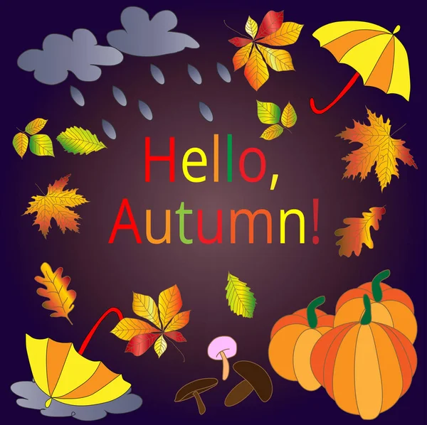 Merhaba, sonbahar. kabaklar, bulutlar, yağmur, şemsiye, mantar, su bardağı, vb kompozisyonlar. Kartpostal, arka plan.