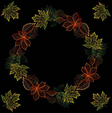 Çok renkli sonbahar kıvrımlarına yuvarlak çerçevesinden karanlık bir arka plan üzerinde bırakır. Kartpostal, arka plan