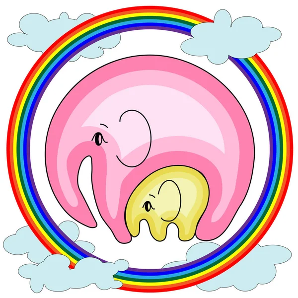 Ελέφαντας με έναν ελέφαντα στα σύννεφα, στο ουράνιο τόξο. Η έννοια της μητρότητας, φροντίδα, αγάπη, ειρήνη, τρυφερότητα. — Διανυσματικό Αρχείο