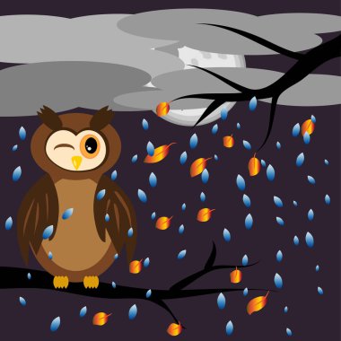A brown owl screwed up his eyes while sitting on the branches of a tree with flying leaves, against the backdrop of an autumnal landscape, the sky was covered with clouds, the rain clipart