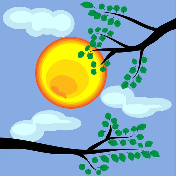 Landscape: tree branches with leaves against the background of the sun, clear sky, light clouds — Stock Vector