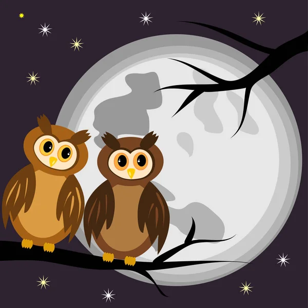 Дві сови на чорній гілці дерева вночі, на тлі повного місяця і зірок — стоковий вектор