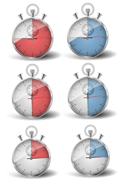 Een set van zes stopwatches. De gemeten tijd is vijftien, dertig, veertig vijf seconden: op tijd, laat. — Stockvector