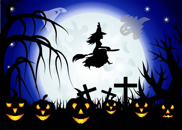 Halloween. Die Hexe fliegt auf einem Besenstiel vor dem Hintergrund eines riesigen Vollmondes. Nachtlandschaft, Geister, Kürbisse, Buchsen — Stockvektor