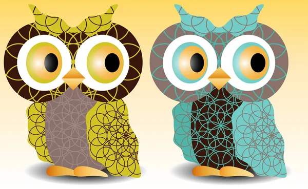 Ένα ζευγάρι των κουκουβάγιες με ένα περίπλοκο σχέδιο στα φτερά και το σώμα, όγκο, γυάλινα μάτια. — Διανυσματικό Αρχείο