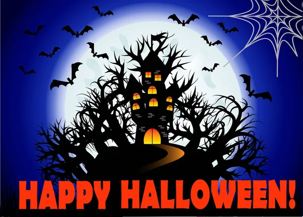 Cadılar Bayramı. Bir tepede bir uğursuz orman, dolunay, gece manzarası ortasında kalesidir. Yarasalar, örümcek ağları sürüsü