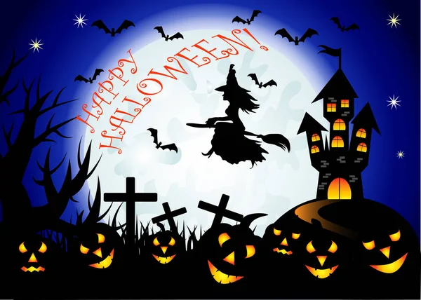 Halloween. Die Hexe fliegt auf einem Besenstiel vor dem Hintergrund eines riesigen Vollmondes und einer ominösen Burg auf einer erhöhten Plattform. Nachtlandschaft, ein Schwarm Fledermäuse, Buchsen — Stockvektor