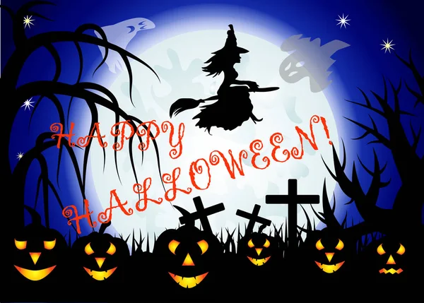 Halloween. Die Hexe fliegt auf einem Besenstiel vor dem Hintergrund eines riesigen Vollmondes. Nachtlandschaft, Geister, Kürbisse, Buchsen — Stockvektor