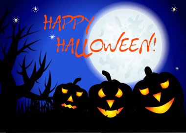 Cadılar Bayramı. Üç gece manzarası, gökyüzü, yıldızlar, ağaç siluetleri, otlar bir dolunay