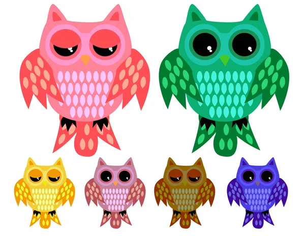 Набір з шести напівсонних сови з напівзакритими очима з орнаментованими крилами і хвостами в різних кольорових варіаціях — стоковий вектор
