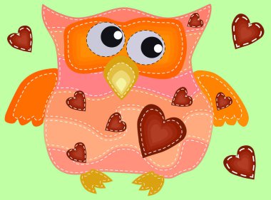 farklı yönlere, dikiş, çizgiler, yamalar taklit ile göğüs kalpler sarhoş titreşen ile serin bir baykuş gözleri.