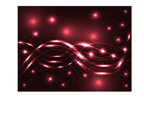 Fundo claro abstrato em tons vermelhos. Linhas cruzadas de néon, esferas iluminadas, estrelas. Espaço, planetas, poeira estelar —  Vetores de Stock