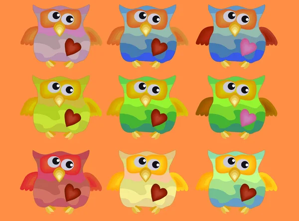 A set of nine cool owls with drunken fists and hearts on their chests. — Stock Vector
