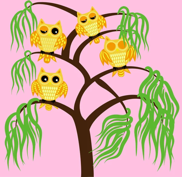 Cuatro búhos amarillos en una rama de árbol: durmiendo, despiertos, dos con los ojos medio abiertos — Vector de stock