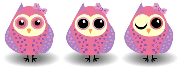 A set of three lovely owls-girls in pink-lilac tones in circles with bows on the ears and different eyes — Stock Vector