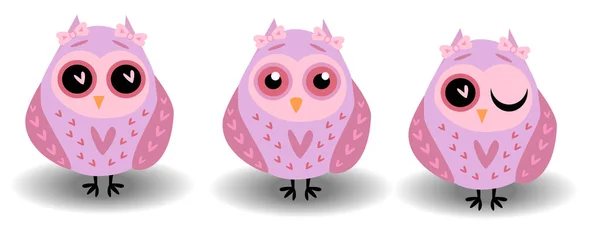 Набір з трьох милих сови-дівчат в рожевих тонах в серцях, з луками на вухах і різними очима — стоковий вектор