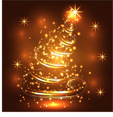 , Aydınlık, pırıl pırıl parlayan bir Noel ağacı, yıldız, kar taneleri, etkileri ile yeni yıl ya da Noel geçmiş. Happy Christmas ve yeni yıl.
