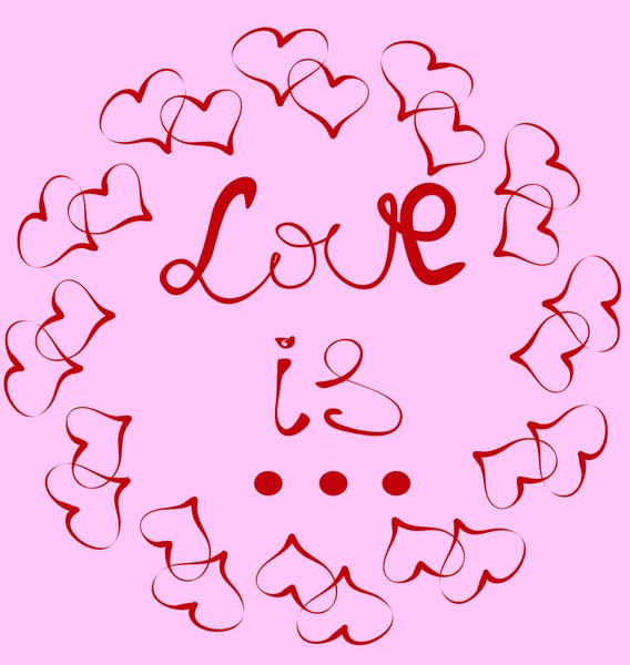 Kärlek är... Bokstäver, inskriften i rött i en cirkel av par i hjärter — Stock vektor