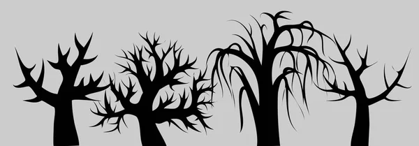 Silhouette nera di un albero deciduo ricurvo in una struttura su uno sfondo grigio. Schizzo, minimalismo — Vettoriale Stock