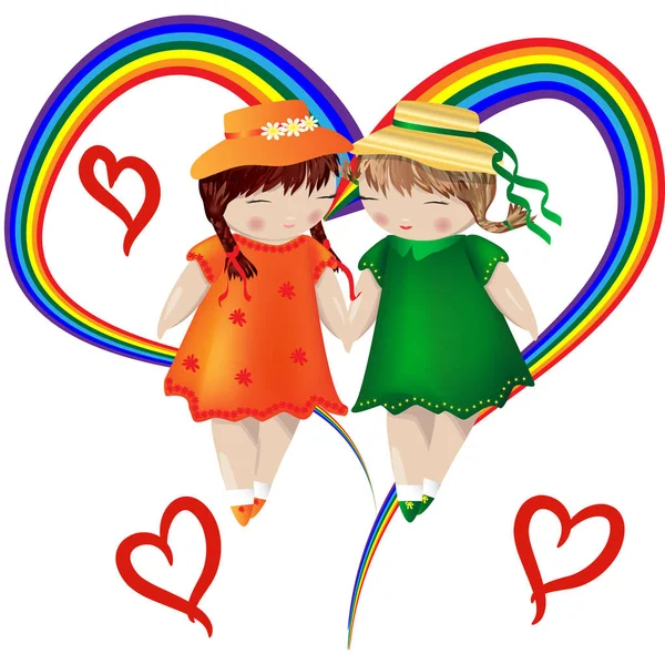 Пару лесбіянок. Дві дівчинки є тримаючись за руки на тлі веселка серця. Любов двох жінок, гомосексуальні любов. Сім'я лесбіянок. ЛГБТ пара — стоковий вектор