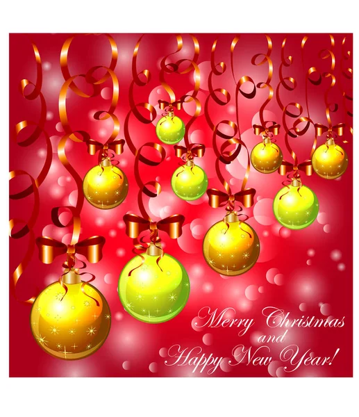 Fondo rojo de Navidad con nieve, copos de nieve, bolas suspendidas multicolores brillantes, decoradas con arcos rojos y serpentina — Vector de stock