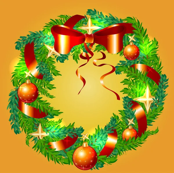 Corona de Navidad hecha de pino, ramas de abeto con bolas, estrellas, cinta y lazo — Vector de stock
