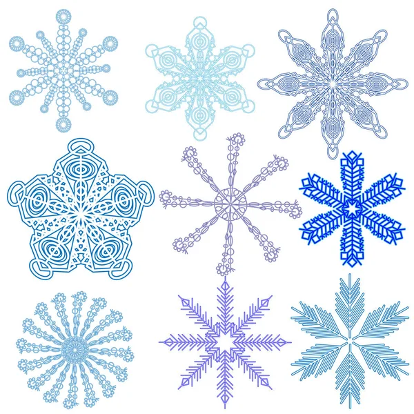 Fiocchi di neve vettoriali pronti. Neve, Natale, sfondo fiocco di neve. Stelle invernali e fiocchi di neve per creazione delle composizioni artistiche di anno nuovo, cartoline, manifesti, fondali. Set di 9 articoli. Vettore di stock — Vettoriale Stock