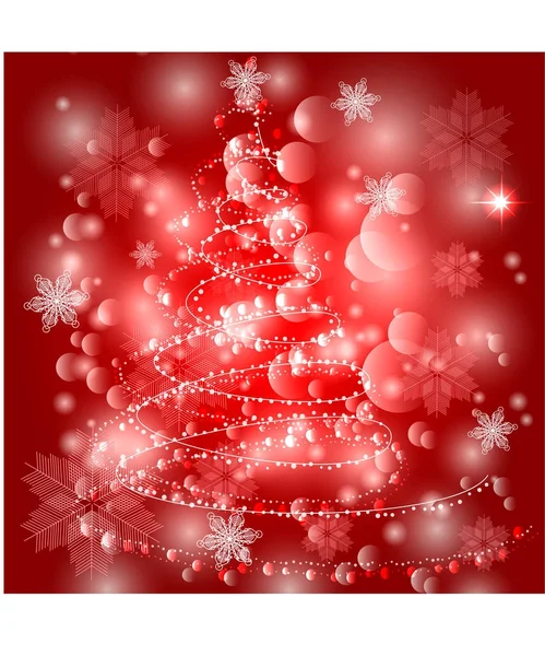 メリー クリスマスと幸せな新年。雪の結晶、クリスマス ツリー クリスマス背景が赤 — ストックベクタ