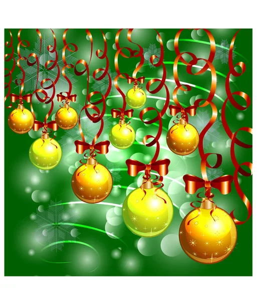 Fondo de Navidad verde con nieve, copos de nieve, bolas suspendidas multicolores brillantes, decoradas con arcos rojos y serpentina — Vector de stock