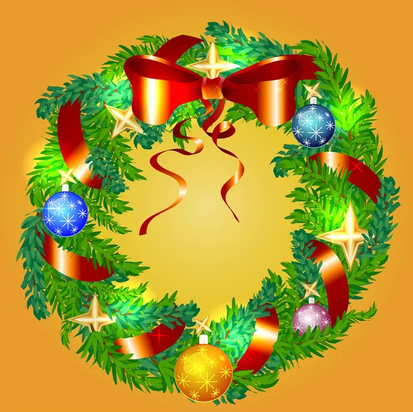 Corona de Navidad hecha de pino, ramas de abeto con bolas, estrellas, cinta y lazo — Vector de stock