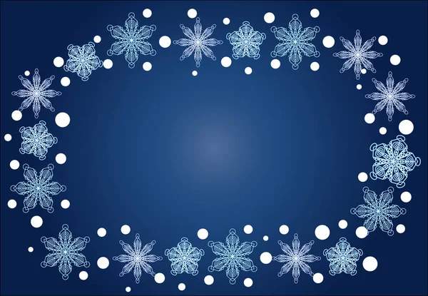 Χριστούγεννα, Χειμώνας Οβάλ Κορνίζα νιφάδες χιονιού πάνω σε μπλε φόντο — Διανυσματικό Αρχείο