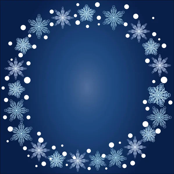 Navidad, invierno marco redondo de copos de nieve sobre un fondo azul — Vector de stock