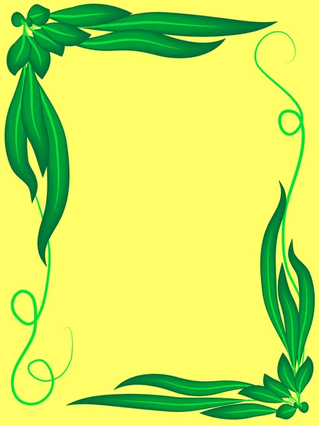 Marco de hojas verdes brillantes y rizos sobre un fondo amarillo , — Vector de stock