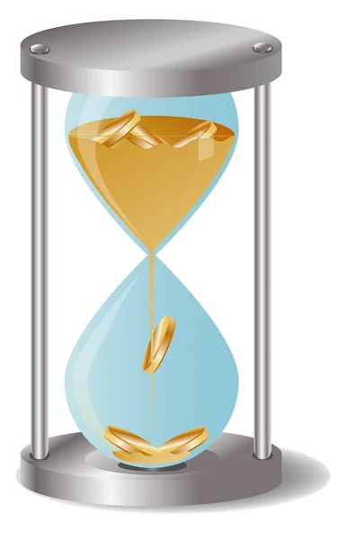 Concept time is money, money like sand, gold coins in an hourglass — Stock Vector