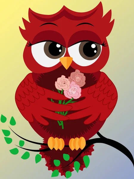 Cute beautiful red owl on a branch in spring — Stock Vector