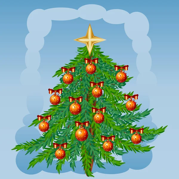 Weihnachtsgrüner Baum mit roten Kugeln, Schleifen, Stern auf blauem Hintergrund — Stockvektor