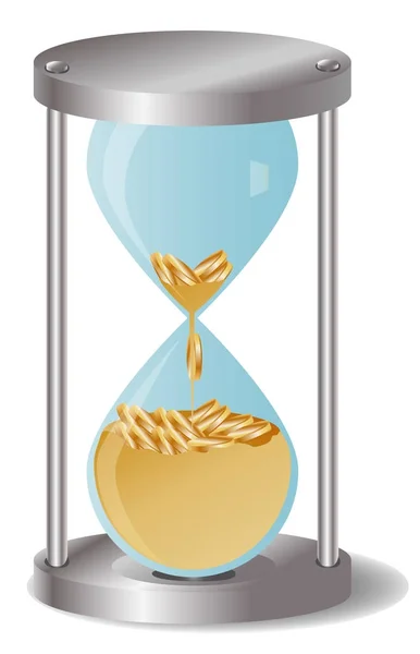 Concept time is money, money like sand, gold coins in an hourglass — Stock Vector