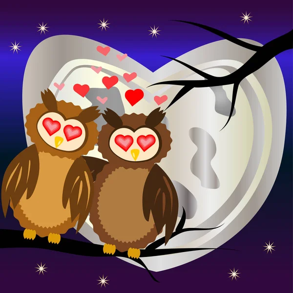 Twee geliefden knuffelen uilen op de zwarte tak van een boom in de nacht, tegen een achtergrond van de volle maan en de sterren — Stockvector