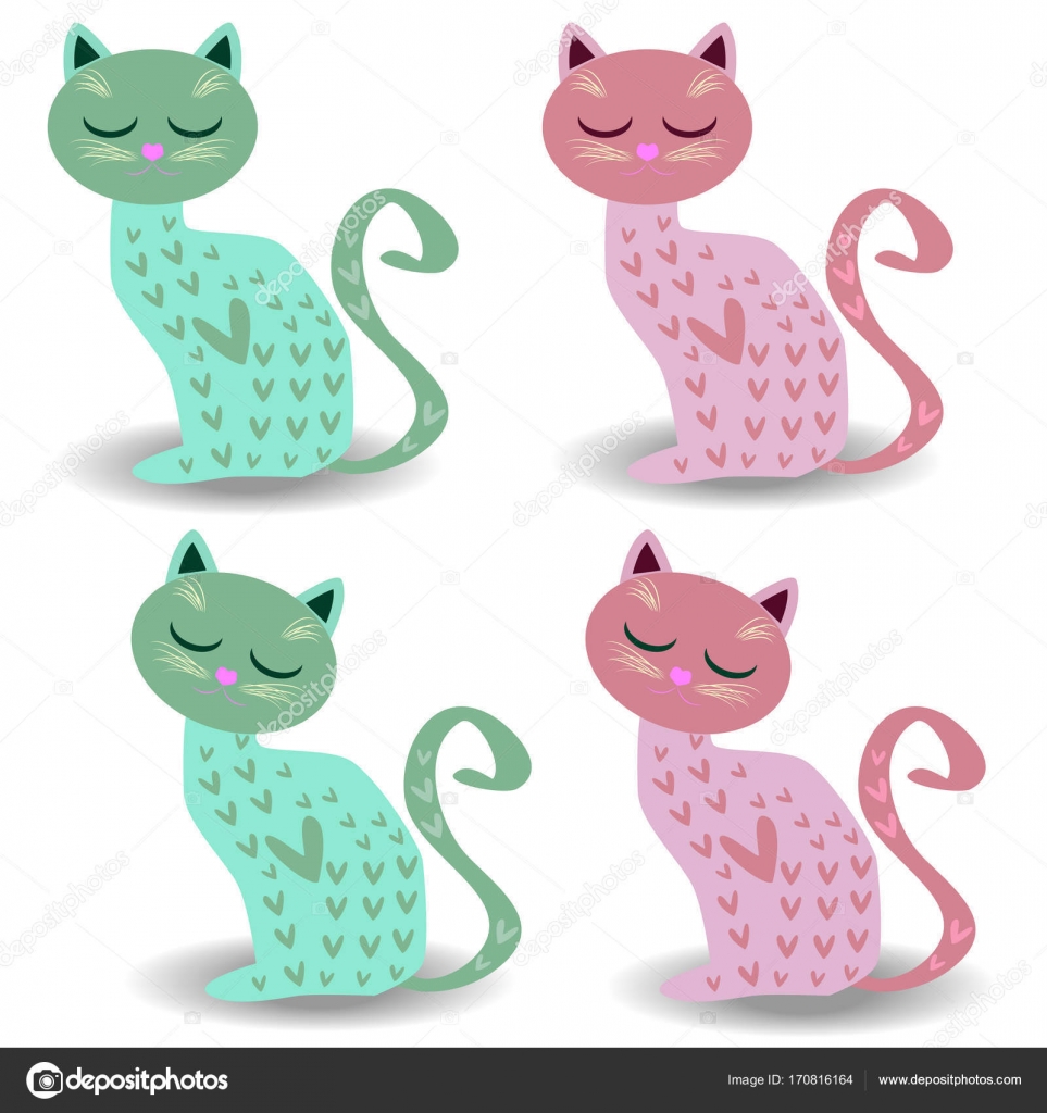 Set di quattro gatti svegli in colori pastello con i cuori Set di quattro gatti svegli in colori pastello con i cuori Disegno per tazze