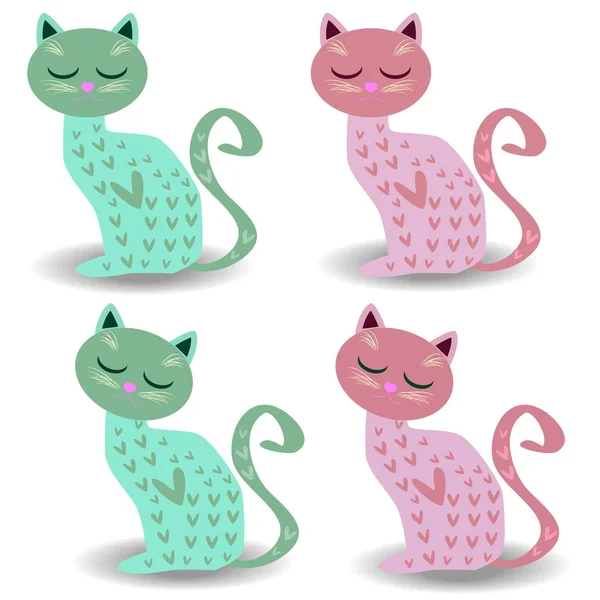 Zestaw czterech słodkie koty w pastelowych kolorach z serca. Rysunek na puchary, medale, pocztówki — Wektor stockowy