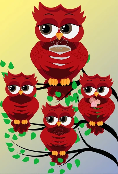 Vier süße rote Eulen auf Zweigen, mit Rosen, mit einer Tasse dampfenden Kaffees, Tees oder Schokolade — Stockvektor