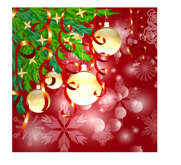 Un fondo cuadrado rojo navidad con copos de nieve, ramas de coníferas decoradas con bolas de oro, estrellas, cintas . — Vector de stock
