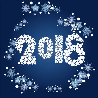 Yazıt 2018 of köknar dallarında bir oval çerçeve mavi bir arka plan üzerinde kar taneleri blizzard