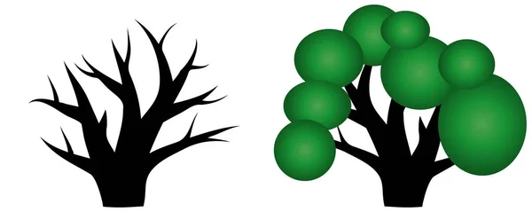 Zwei Bäume mit grüner Krone, ohne Blätter, dicke Stämme — Stockvektor