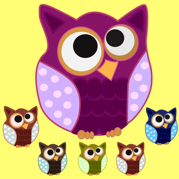 Set of six Brown owl with blue wings in speckled and centered eyes — Stock Vector