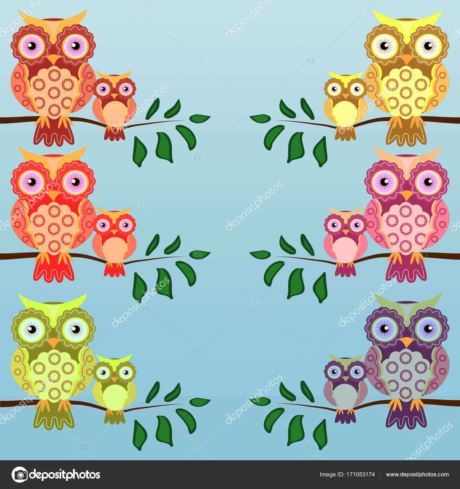 Download Set of multi-colored pairs of owls mom and baby sitting on ...