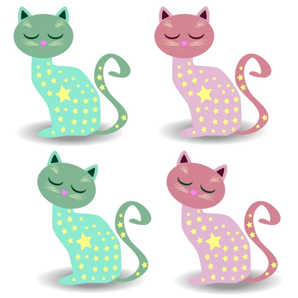 Set de cuatro lindos gatos en colores pastel con estrellas — Vector de stock